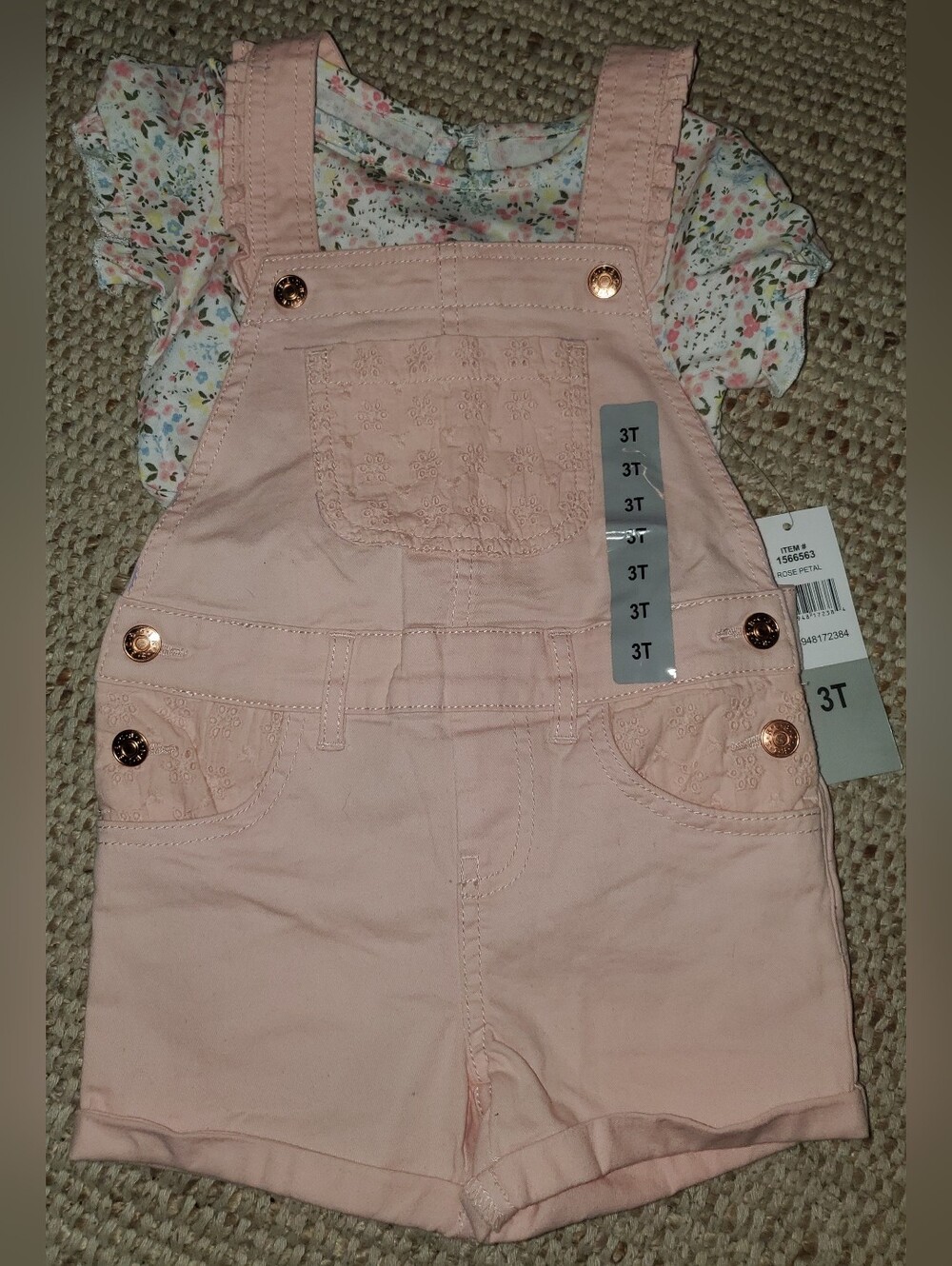 Girls' Pink Short Overalls With Floral Tshirt - 3T